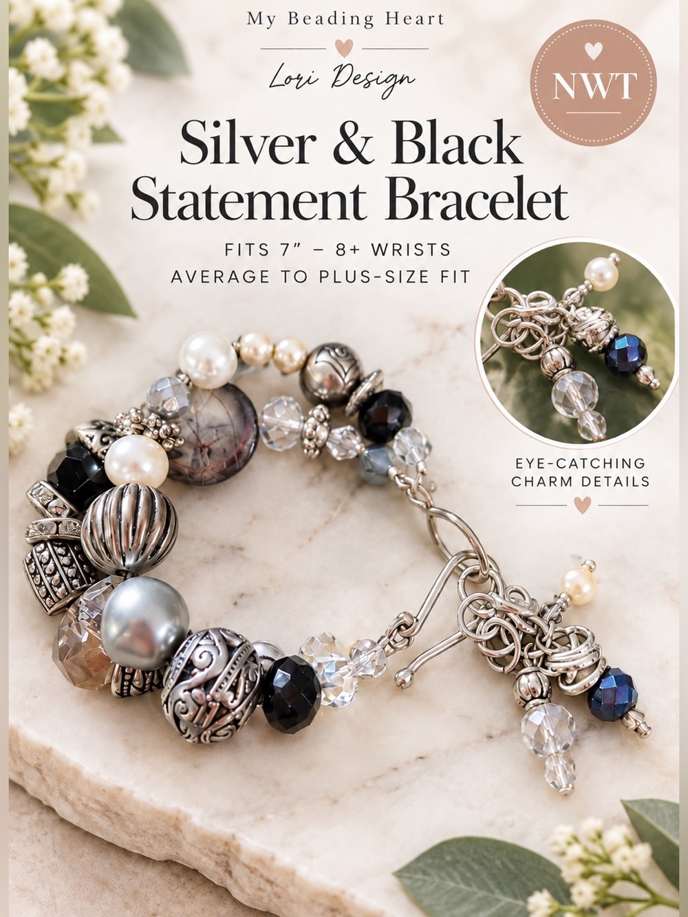 My Beading Heart by Lori - Silver & Black Statement 
Bracelet - NWT